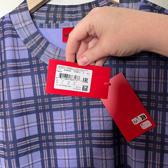 Hugo Boss Nasusi Womens Purple Stretch Mesh Plaid Long Sleeve Midi Dress XL - Picture 4 of 14